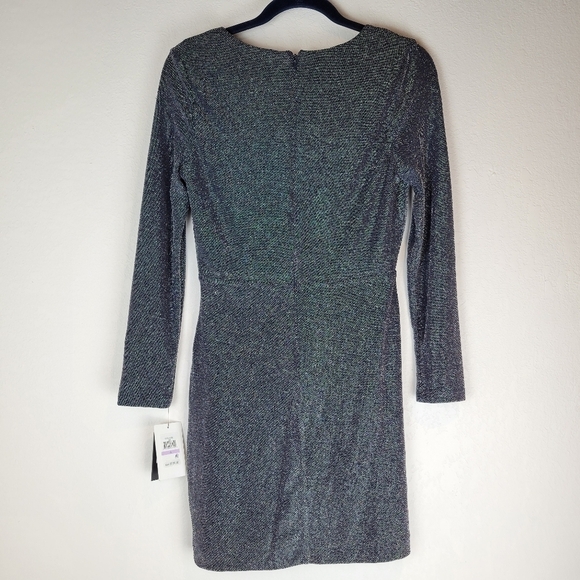 NWT DKNY Metallic Knit Surplice Mini Dress Navy/Silver Size 6 - Picture 6 of 15